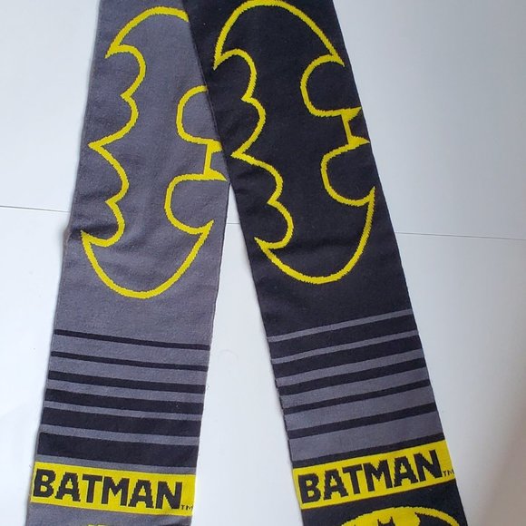 BATMAN Logo Long Knit Scarf Winter Scarf Fringe Ends Grey Black Yellow DC Comics - Picture 3 of 4